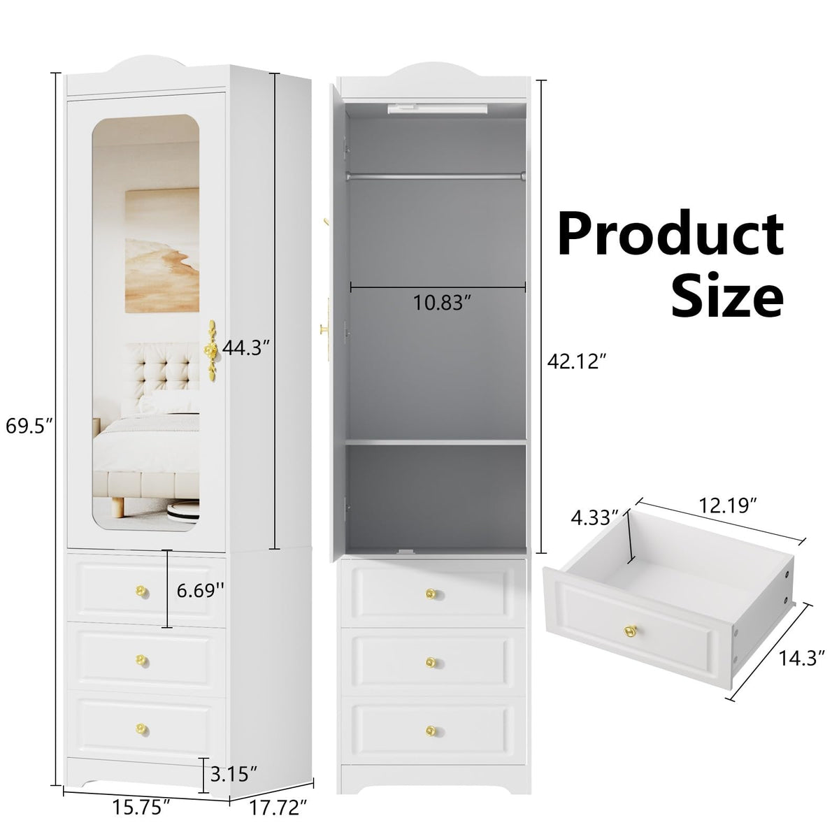 Armoire Wardrobe Closet, Updated 15.7" W White Bedroom Armoires Cabinet with Mirror Door and 3 Drawers, 69.5" H