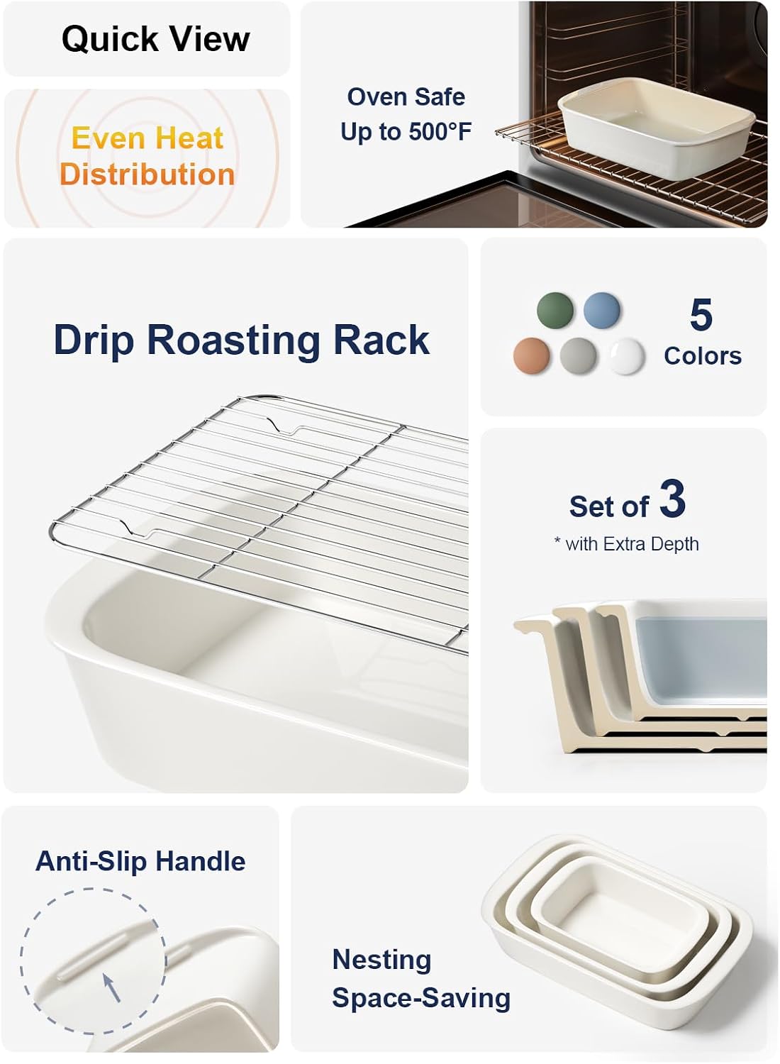 Deep Casserole Dishes for Oven, 13.7"x9.6" Ceramic Dish Set with Roasting Racks, Large Lasagna Pans with Handles