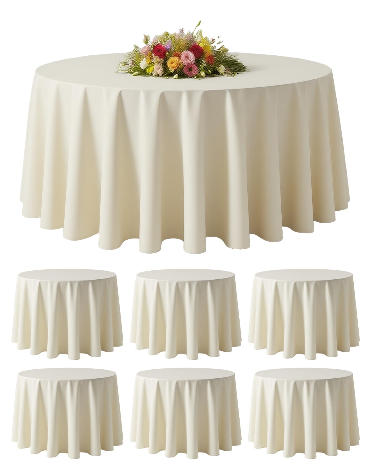 6 Pack 120 Inch Ivory Round Polyester Tablecloth for 48"-78" Tables