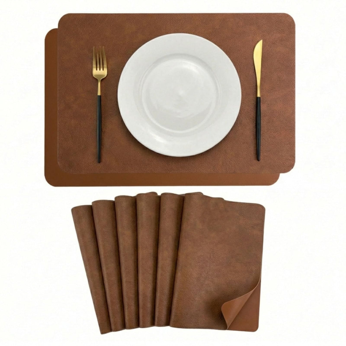 Faux Leather Placemats Set of 6, Walnut Brown