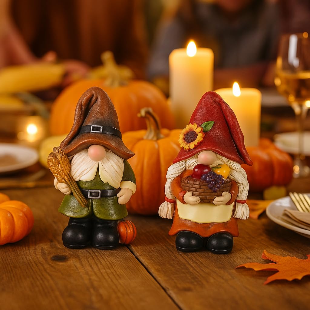 Thanksgiving Decorations Fall Figurines - 2 Pack Resin Harvest Figurines with Pumpkins, Wheat & Basket, Autumn Home