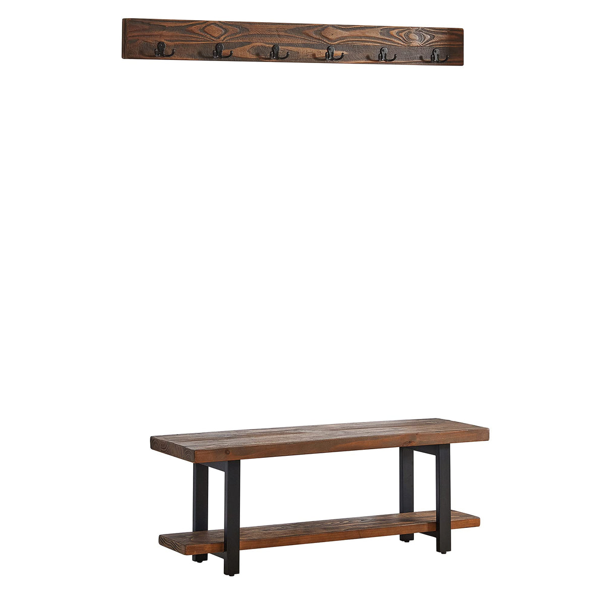 Pomona Solid Wood Entryway Bench and Coat Hook Set, Rustic Brown, 48 Inch