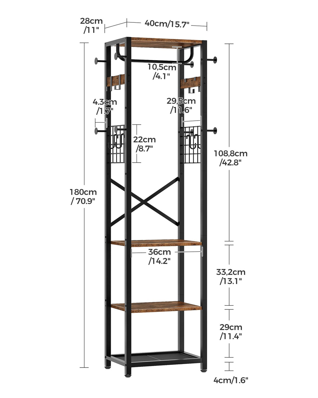 Coat Rack with Shelves, Freestanding Hall Tree, Coat Tree with 16 Hooks and Hanging Rail, Industrial Clothes Stand