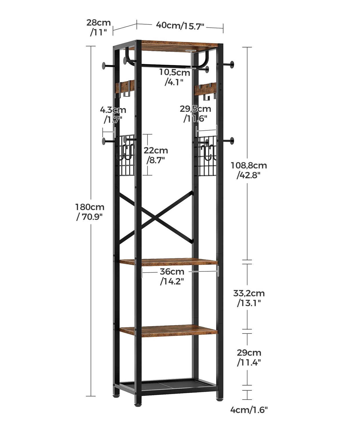 Coat Rack with Shelves, Freestanding Hall Tree, Coat Tree with 16 Hooks and Hanging Rail, Industrial Clothes Stand