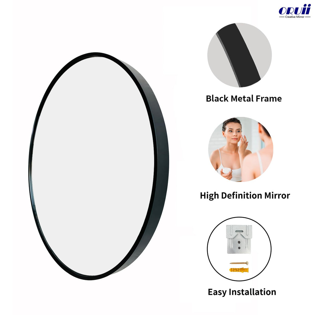 Round Mirror, 26 inch Black Circle Mirror, Matte Black Metal Frame