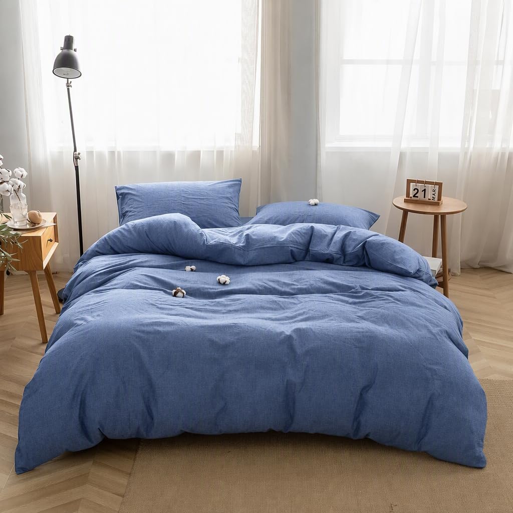 Bedding Duvet Cover Set100% Washed Cotton Duvet Cover Linen Like Textured Breathable Durable Soft Comfy(, Navy