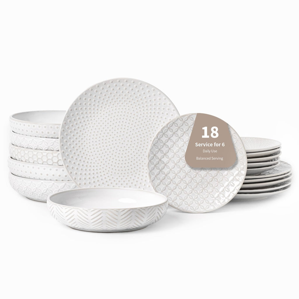 18 Piece Dinnerware Sets for 6, Premium Stoneware Plates and Bowls Sets of 18 with pasta bowls, Microwave &