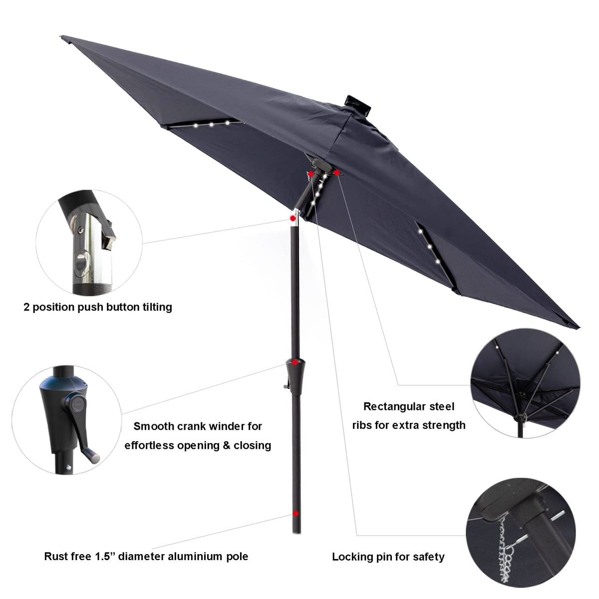 9 ft Half Round Outdoor Patio Market Wall Umbrella with Solar LED Lights and Tilt, Anthracite
