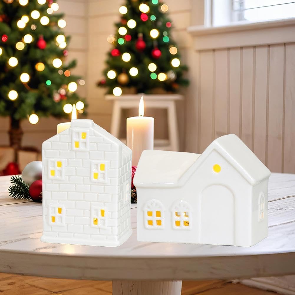 White Ceramic Christmas Village Houses, Christmas Village Sets, LED Lighted Christmas Village Houses, White Porcelain