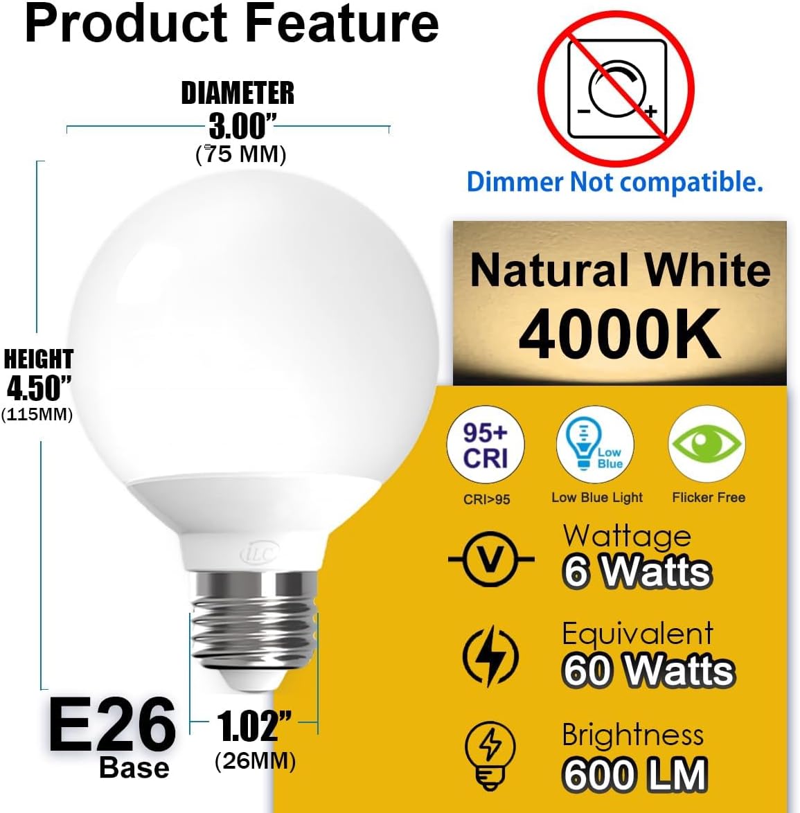 G25 Globe Light Bulbs, App-Controlled Vanity Light Bulbs via Bluetooth Mesh,1600 Million Colors, 600LM, 6W, 60W