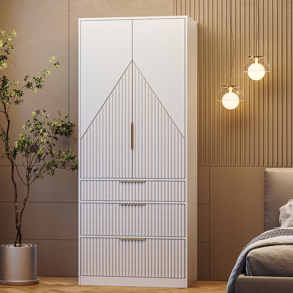 70" Wardrobe Armoire Wooden Closet with 2 Doors and 3 Drawers, Bedroom Armoire with Hanging Rod Shelf, Large Capacity