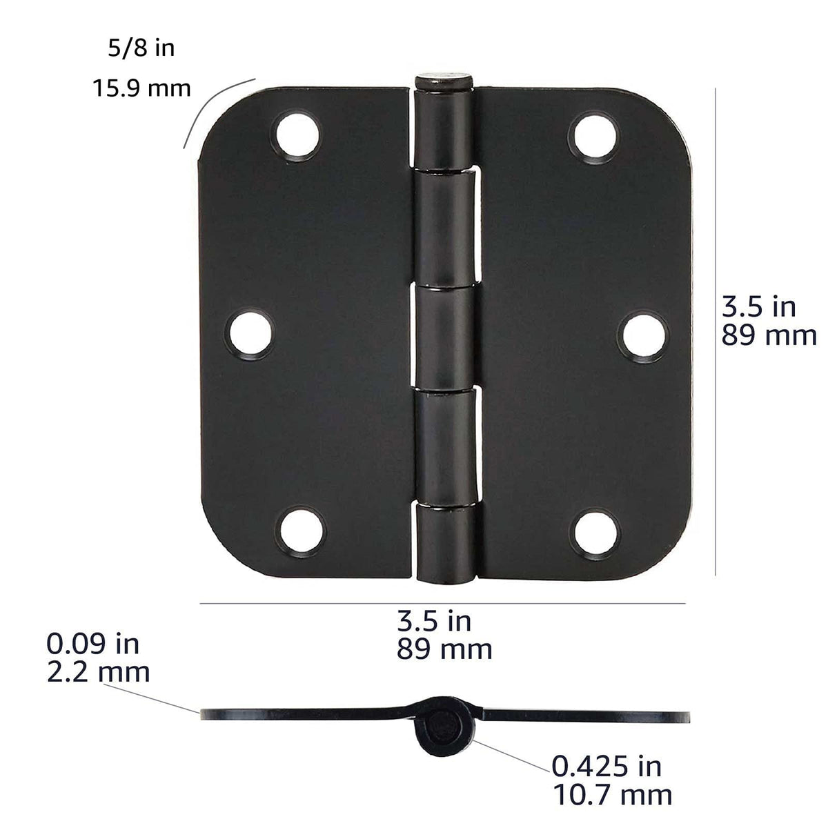 Sturdy Rounded 5/8 Radius Interior Door Hinges with Included Screws, 3.5" x 3.5", Matte Black, 18-Pack