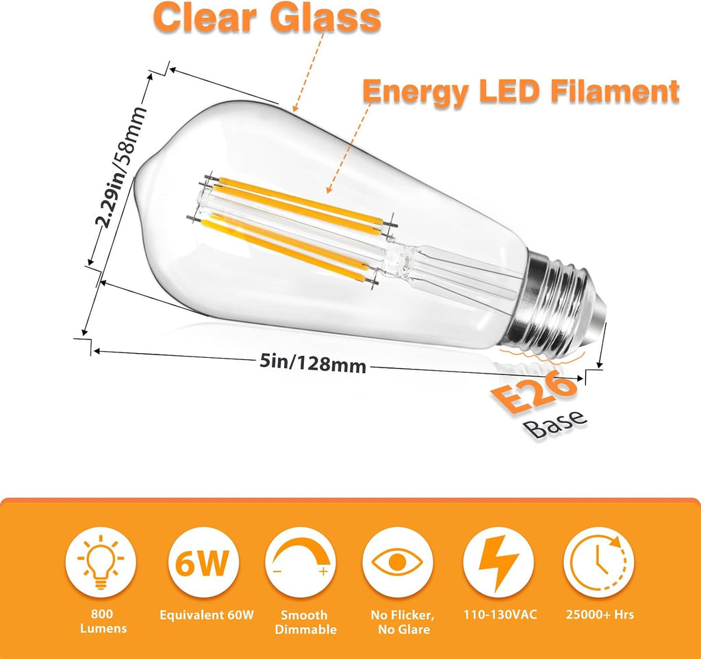 LED Light Bulbs Dimmable Vintage Edison Bulb, E26 LED Bulb 60W Equivalent 800 Lumens, Neutral White 4000K, ST58