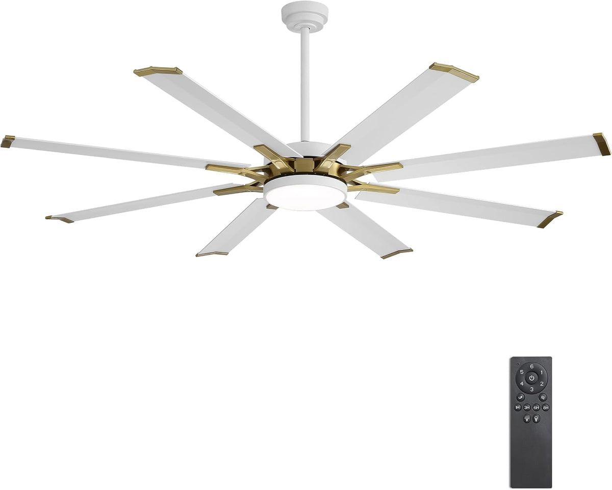 96" Large Ceiling Fan with LED Light and Remote, 8 Aluminum Blades, White and Brass, 6-Speed Reversible DC Motor