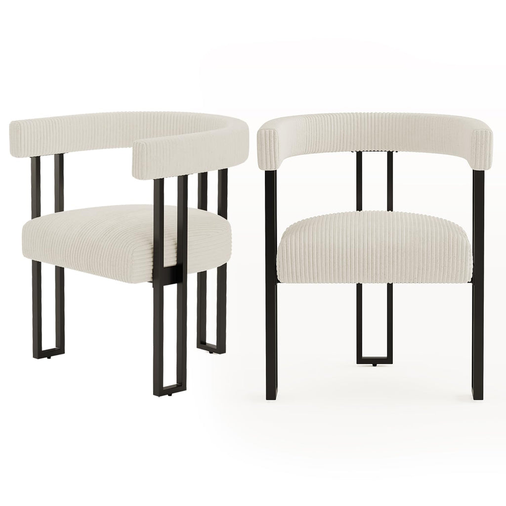 Boucle Upholstered Set of 2 Corduroy Kitchen & Dining Room Chairs with Metal Legs Mid Century Modern Chairs (Cream, 2)