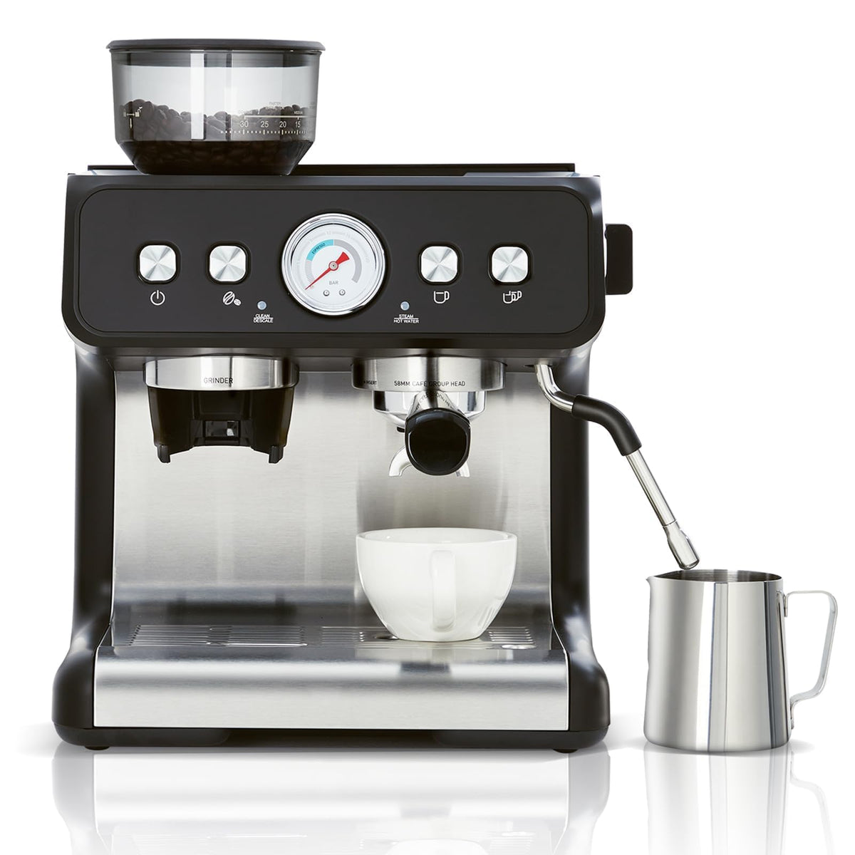 20 Bar Espresso Machine with Grinder & Steam Wand, Stainless Coffee Maker