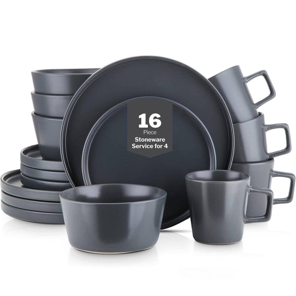 Lain Coupe Stoneware Dinnerware Set, Service for 4, Gray Matte