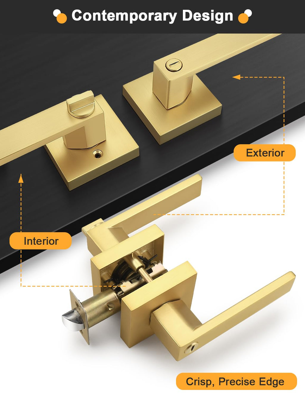 4 Pack Heavy Duty Gold Square Privacy Interior Door Levers, Satin Brass Finish, Bedroom and Bathroom Door Handles