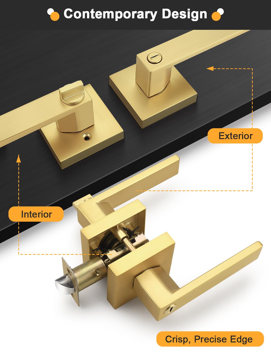 4 Pack Heavy Duty Gold Square Privacy Interior Door Levers, Satin Brass Finish, Bedroom and Bathroom Door Handles