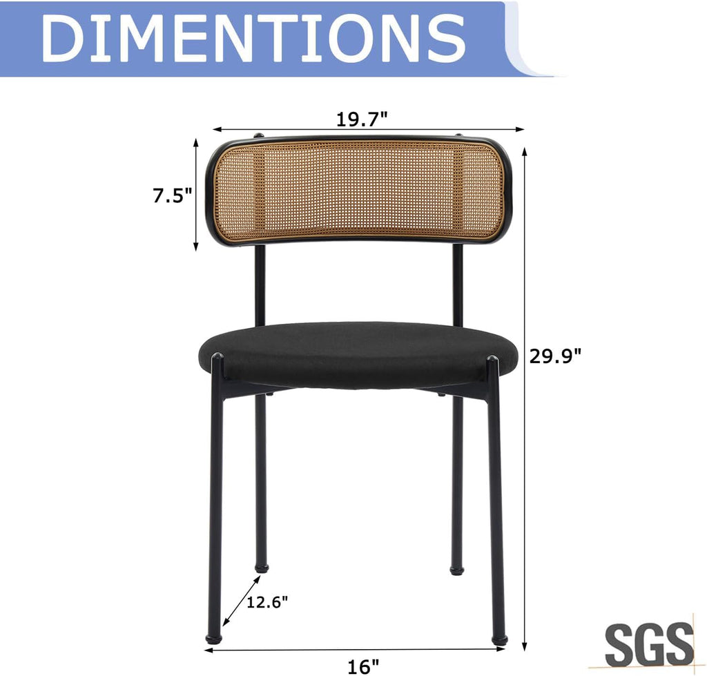 Rattan Dining Chairs Set of 2, Mid-Century Modern Dining Chairs with Cane Back and Boucle Upholstered Seat, Farmhouse Kitchen Chairs, Black