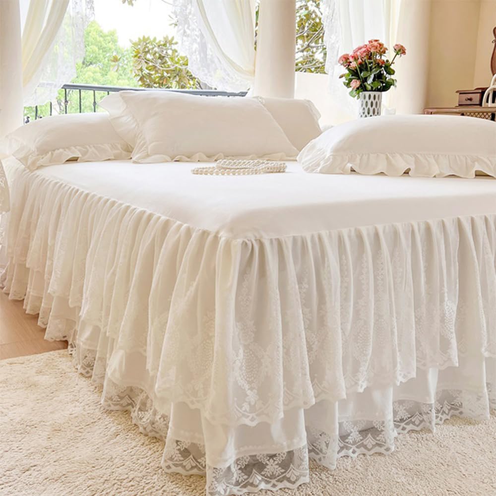 Lace Ruffled Bed Skirt, 17 Inch Drop Easy Fit Bedskirt Bed Sheet for Hidden Box Spring & Under Bed Storage