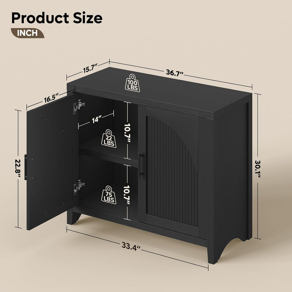 37" Modern Fluted Sideboard Buffet Cabinet with Storage, Black Oak | Small Wooden Modular Storage Cabinet, Adjustable