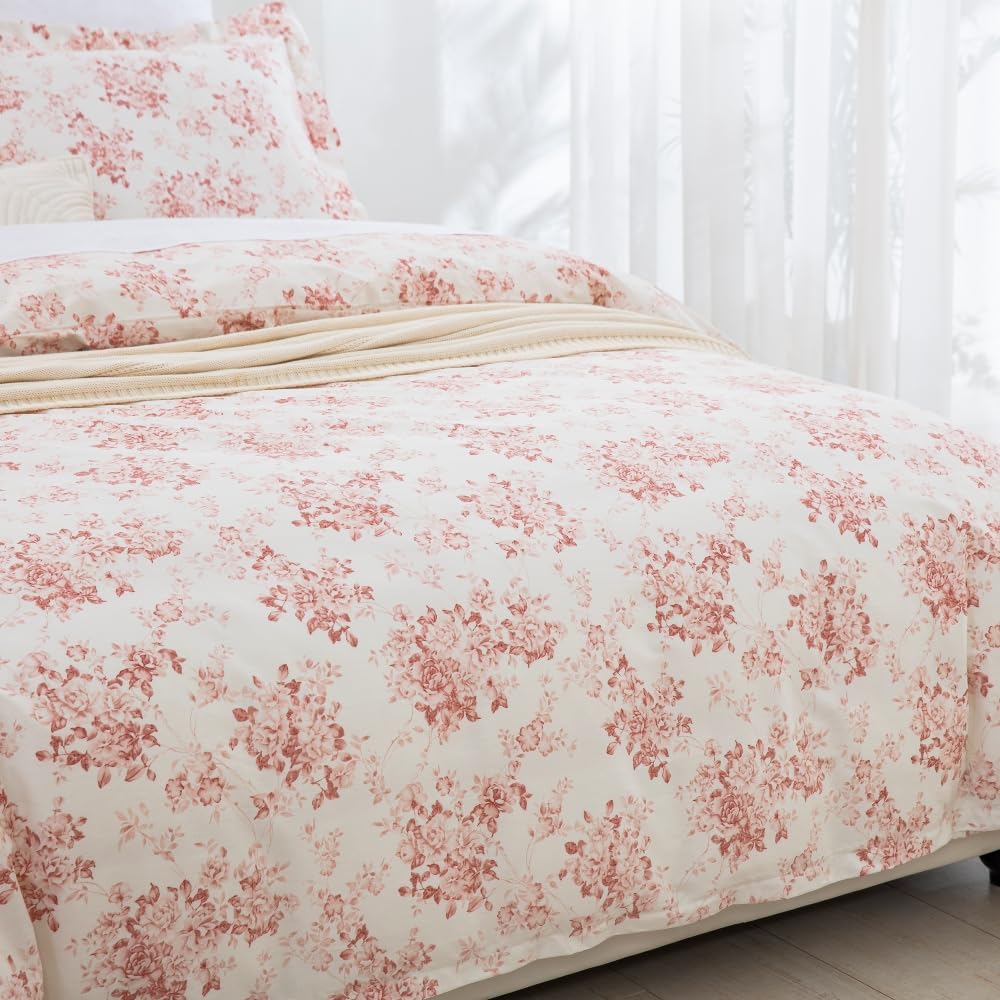 Duvet Cover Set - 90"x90" Cover + 2 Shams, 100% Cotton Print Bedding Sets, Toile Rose Floral Pattern, Pale