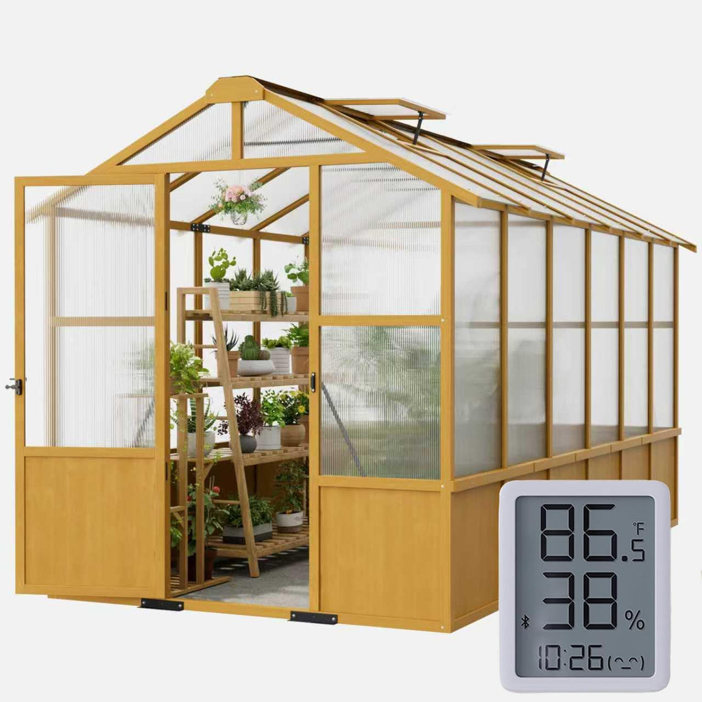 6×12 FT Walk-in Wooden Greenhouse with Adjustable Roof