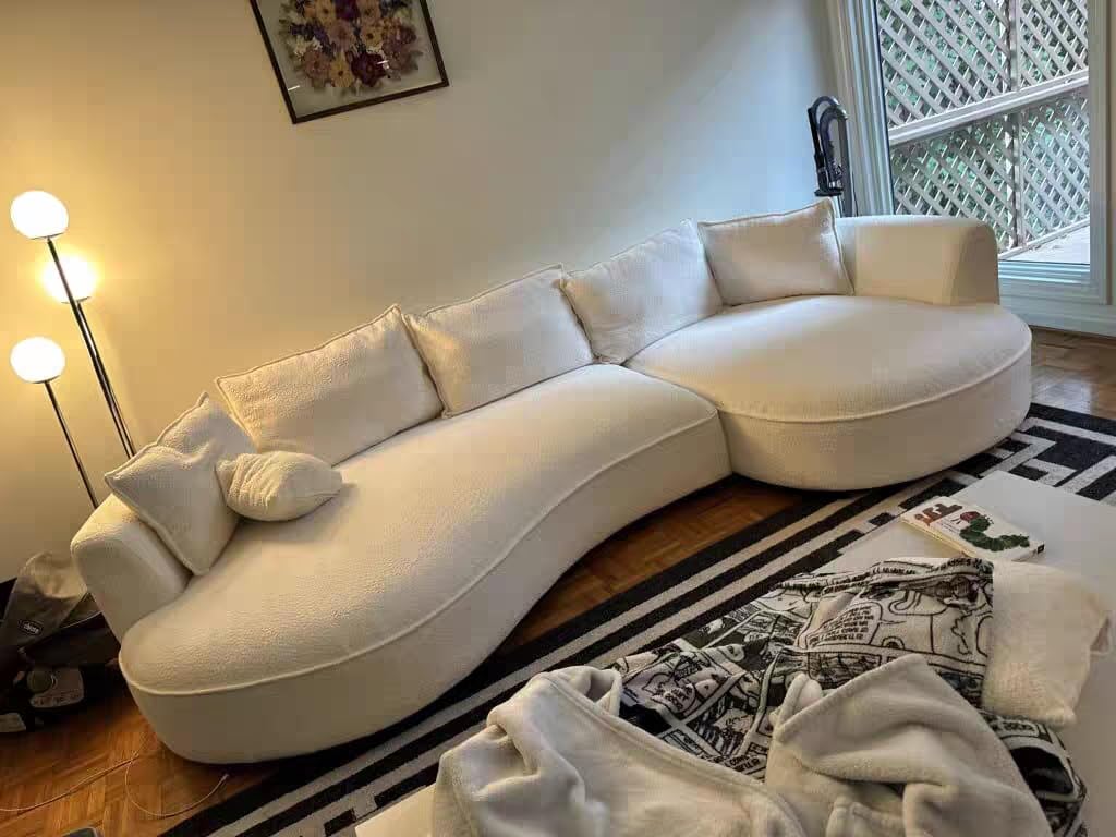 124.8" Boucle Curved Sofa Cloud Couch, Modern Curved Upholstered Sofa with Pillows, 3-Seat Sofa Couch Apartment