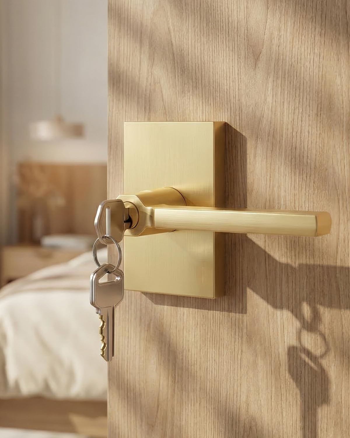 Brushed Gold Door Handle with Lock and Key, Square, 3 Pack