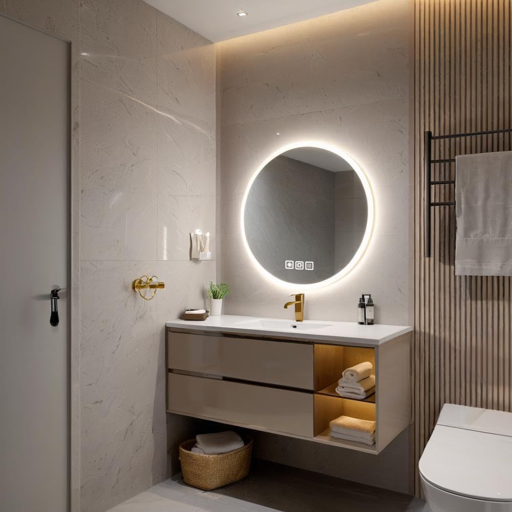 24 inches Round LED Bathroom Mirror with Lights, Anti-Fog, Dimmable, Backlit + Front Lit, Lighted Bathroom Vanity