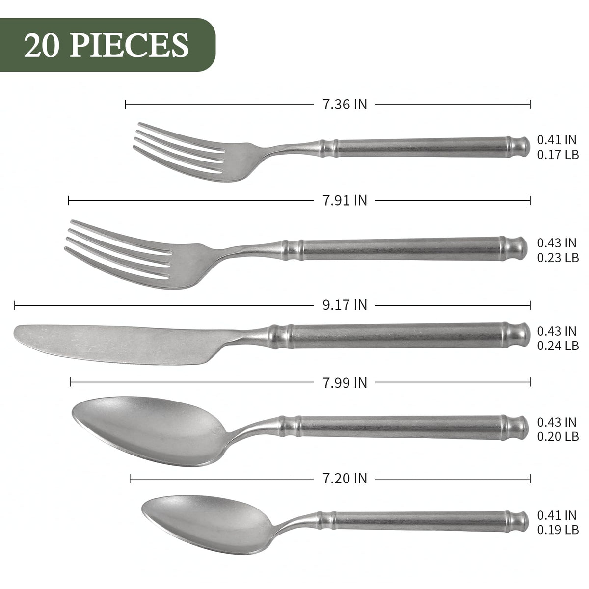 Silverware Set 18/10 Stainless Steel Vintage Flatware Set Service for 4, 20-Piece Hand Forged Distressed Finish