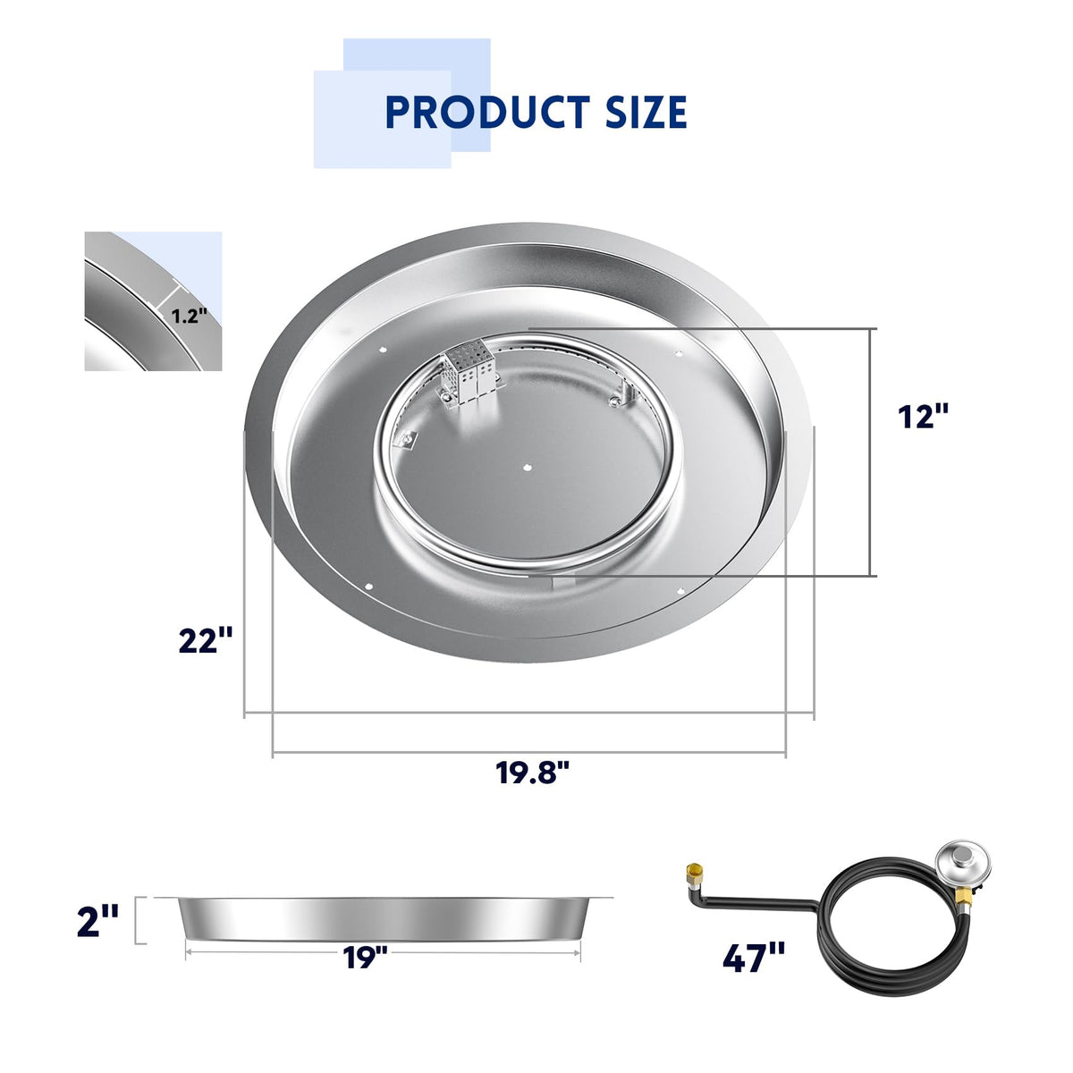 19-inch Round Stainless Steel Drop-in Fire Pit Burner Kit