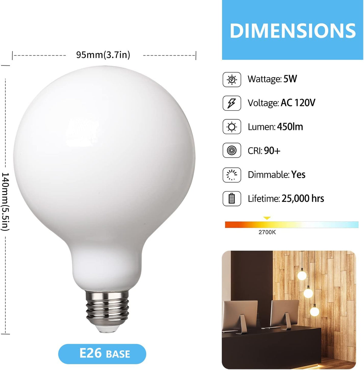 LED Edison Globe Light Bulbs, Warm White 2700K CRI90, 5W Equivalent 60W