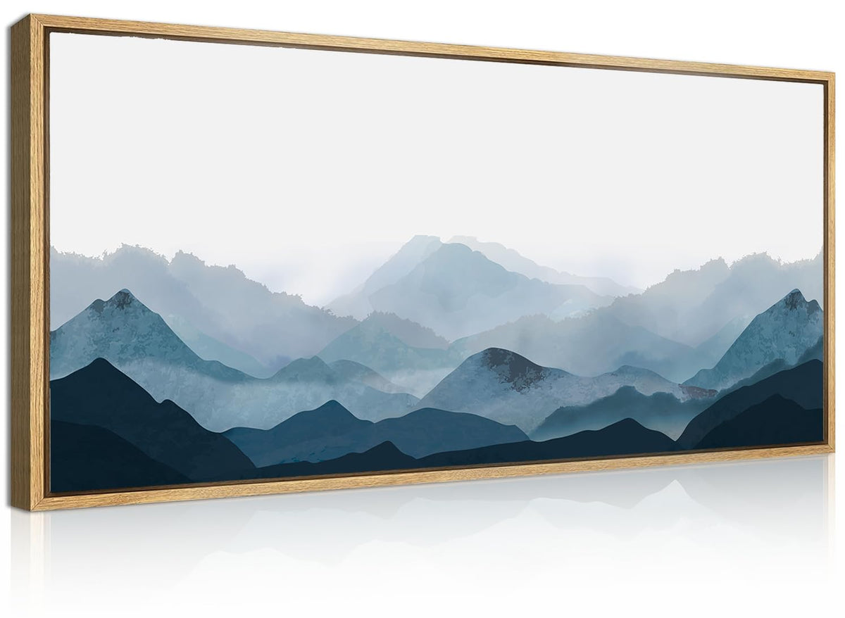 Blue Framed Mountain Landscape Wall Art Fog Mountain Painting Wall Decor Living Room Office Decor 20x40 Inch
