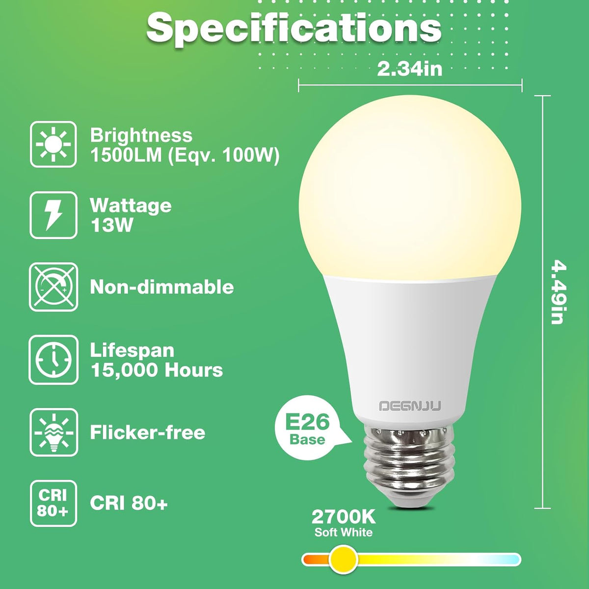 Light Bulbs,100 Watt LED Light Bulb Equivalent, 1500LM, Soft White 2700K Bulb with E26 Base, 13W Bright LED Bulb