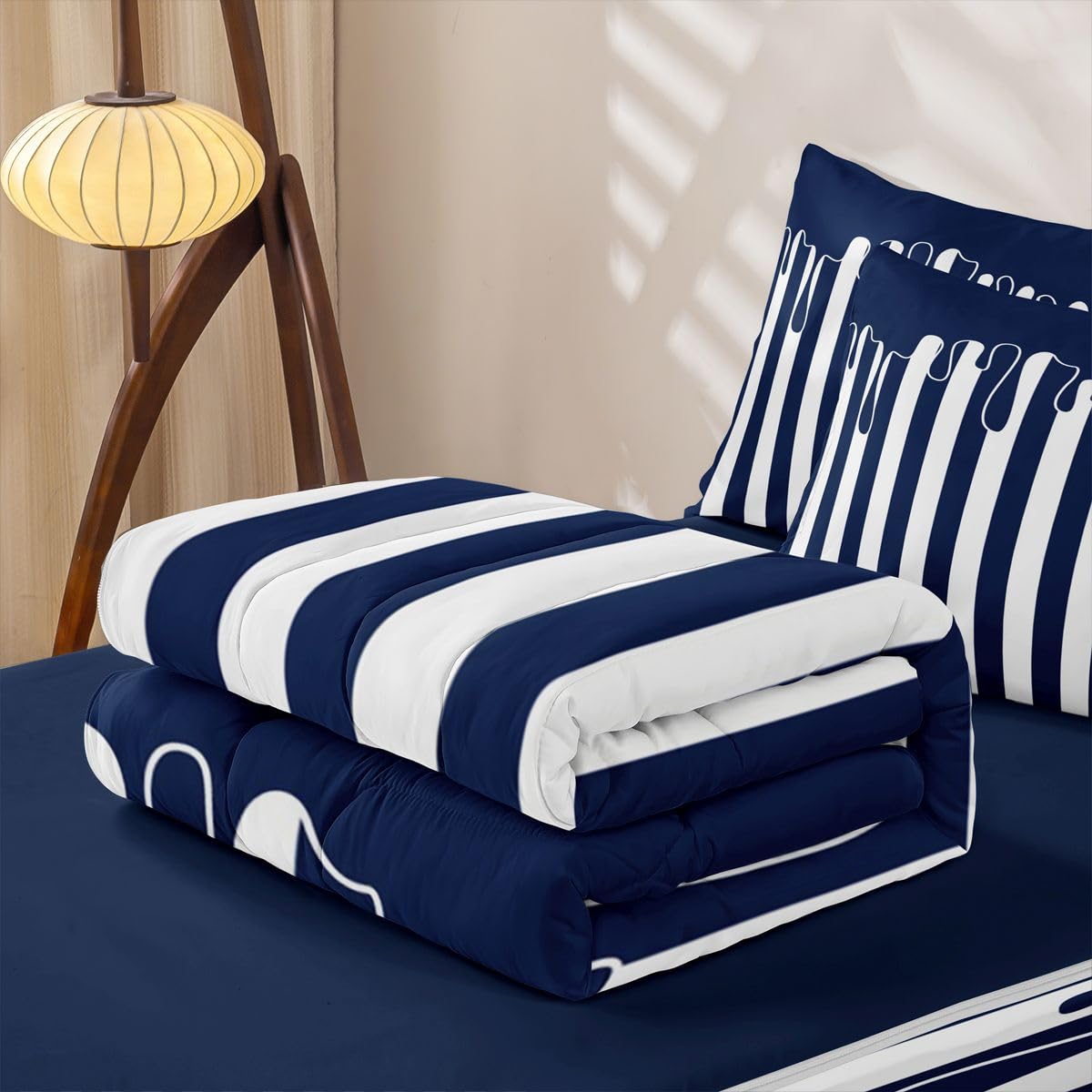 Dark Blue Striped Zipper Bedding Stripe Drip Zip Up Bedding Set for Adults Couples, Neutral Modern Abstract