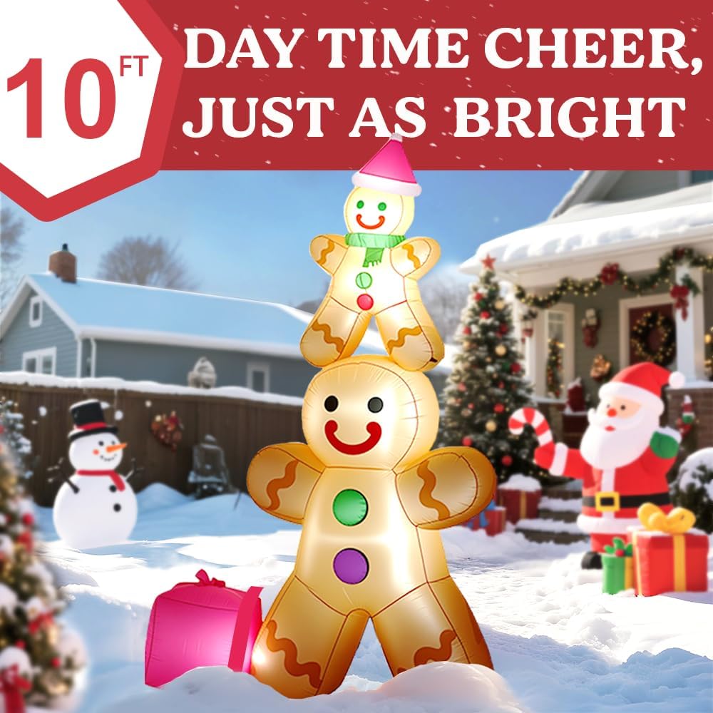 10FT Christmas Inflatables Gingerbread Father and Son Outdoor Decorations, Christmas Blow Up Yard Decorations with