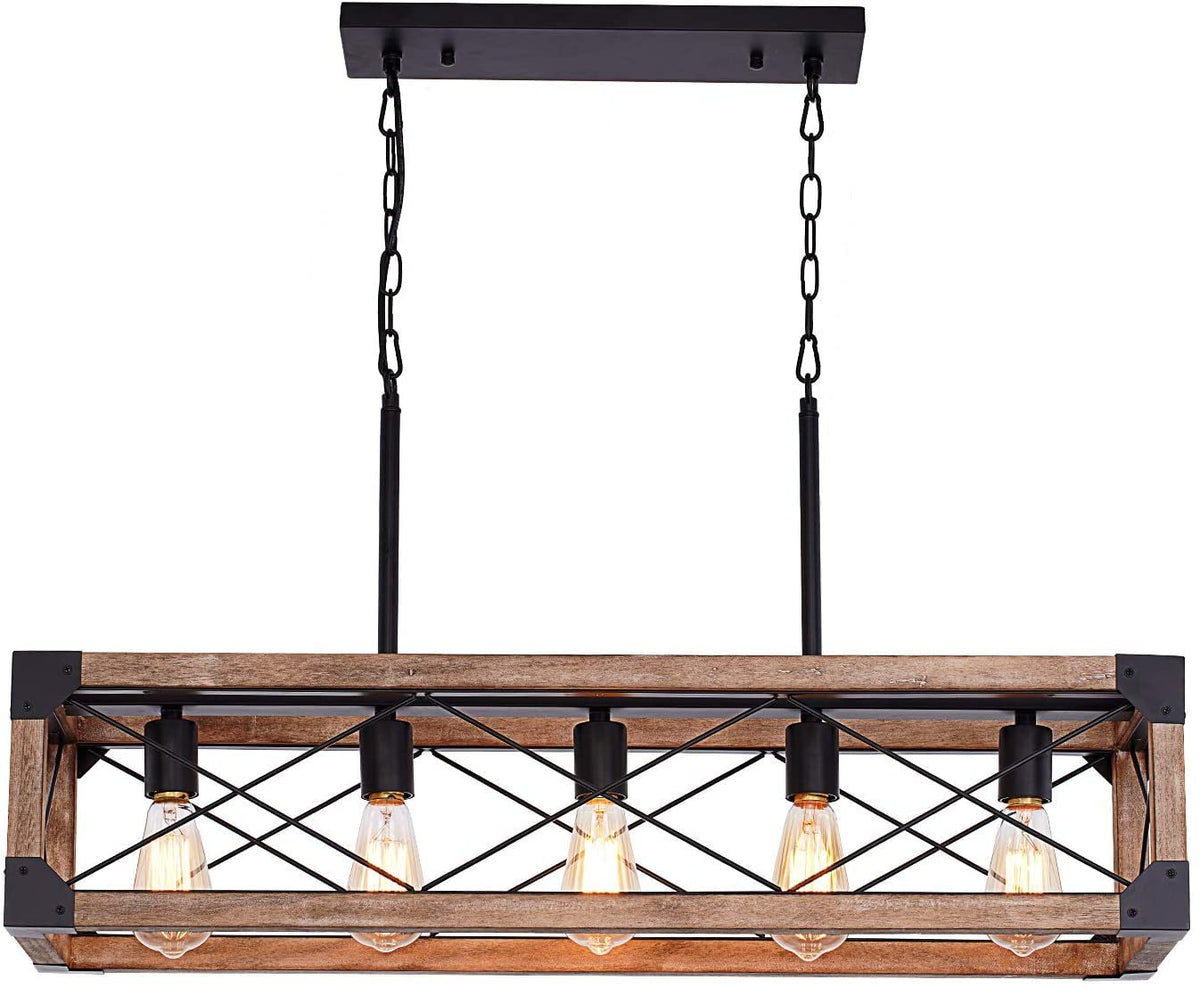 Kitchen Island Lighting, 33.5-Inch 5 Lights Farmhouse Linear Chandelier Pool Table Pendant Light Fixture, Rustic Wood