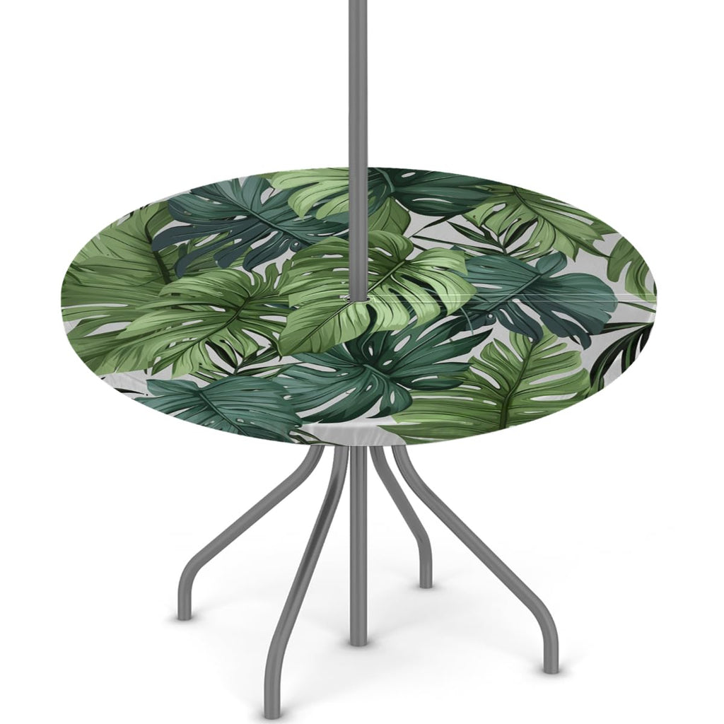Round Outdoor Tablecloth with Umbrella Hole, Elastic Fitted Table Cloth with Invisible Zipper, Tropical Palm Leaf