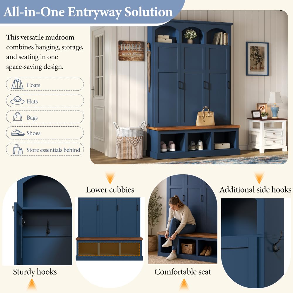 Farmhouse Blue Hall Tree with Bench, 3 Hidden Storage with 3 Hooks