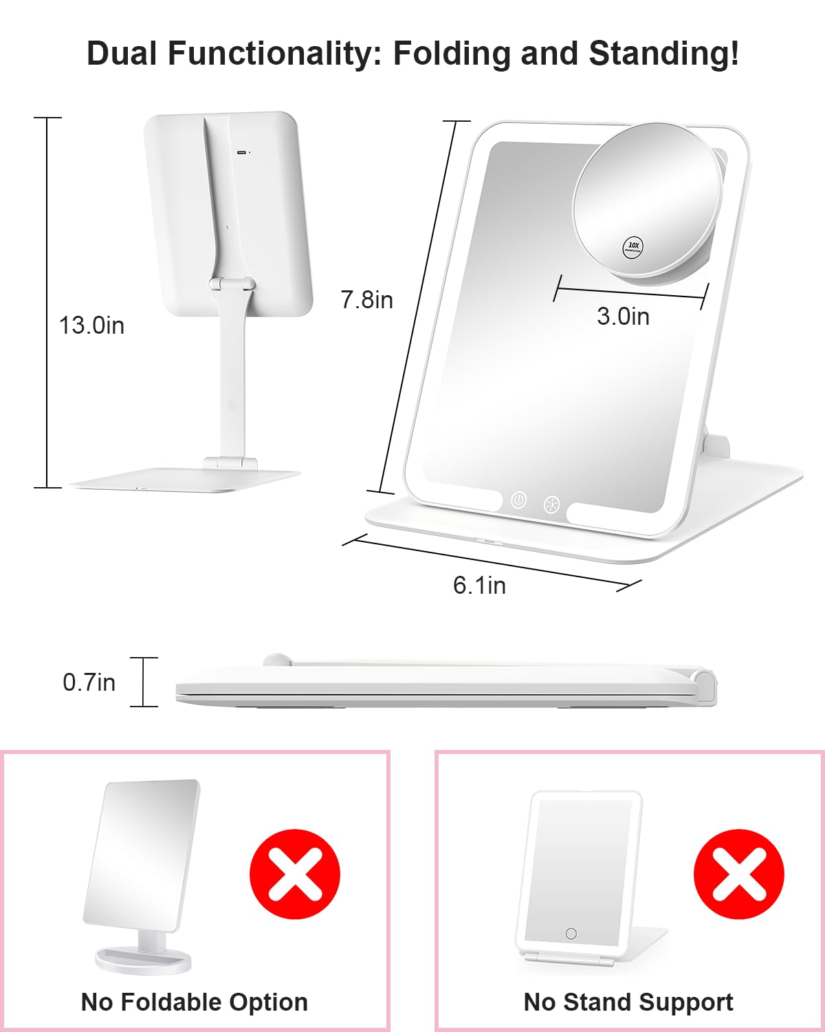 Travel Makeup Mirror with Lights and Magnification 10X, White