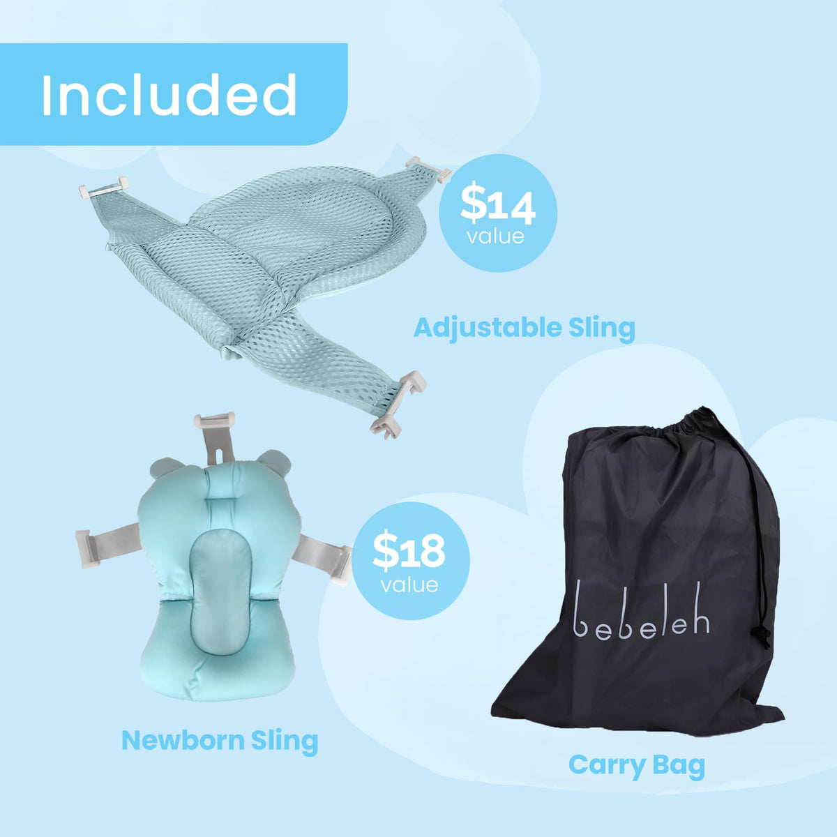 Collapsible Baby Bathtub - Bathtub + Baby tub Sling + Newborn Sling - Baby Bathtub Newborn to Toddler 0-24 Months