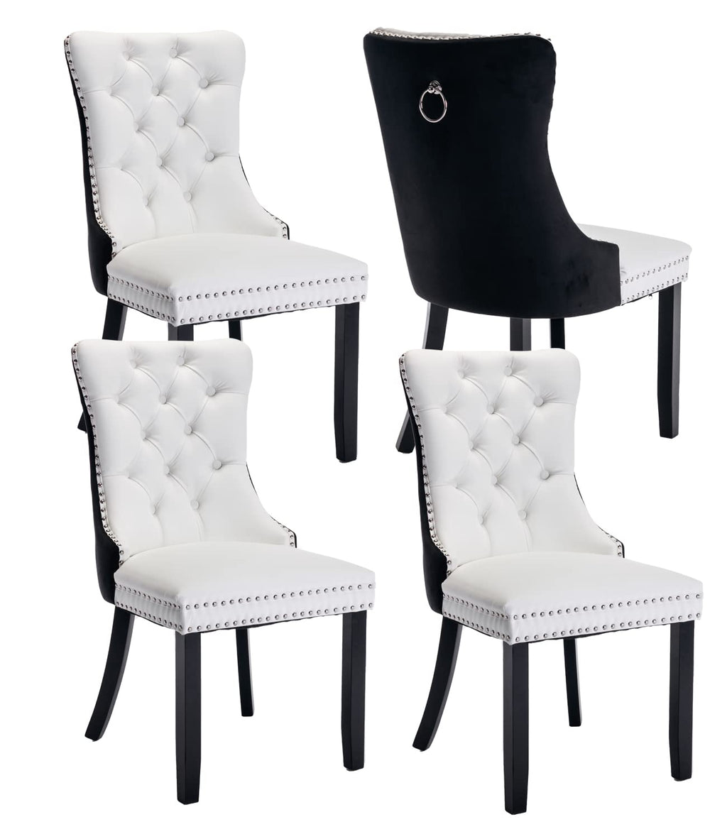 Black and White Dining Chairs Set of 4, Velvet Back, PU Leather Seat
