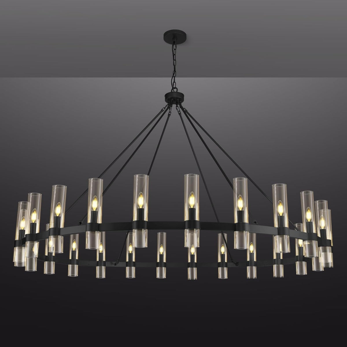 Inspired Ravelle Style Black Wagon Wheel Chandelier, 70 Inch Glass Chandeliers, 24 Light Chandelier for High Ceiling, Modern Farmhouse Chandeliers for Living Room, Dining Room, Entryway, Stairwell (Bulbs Included)