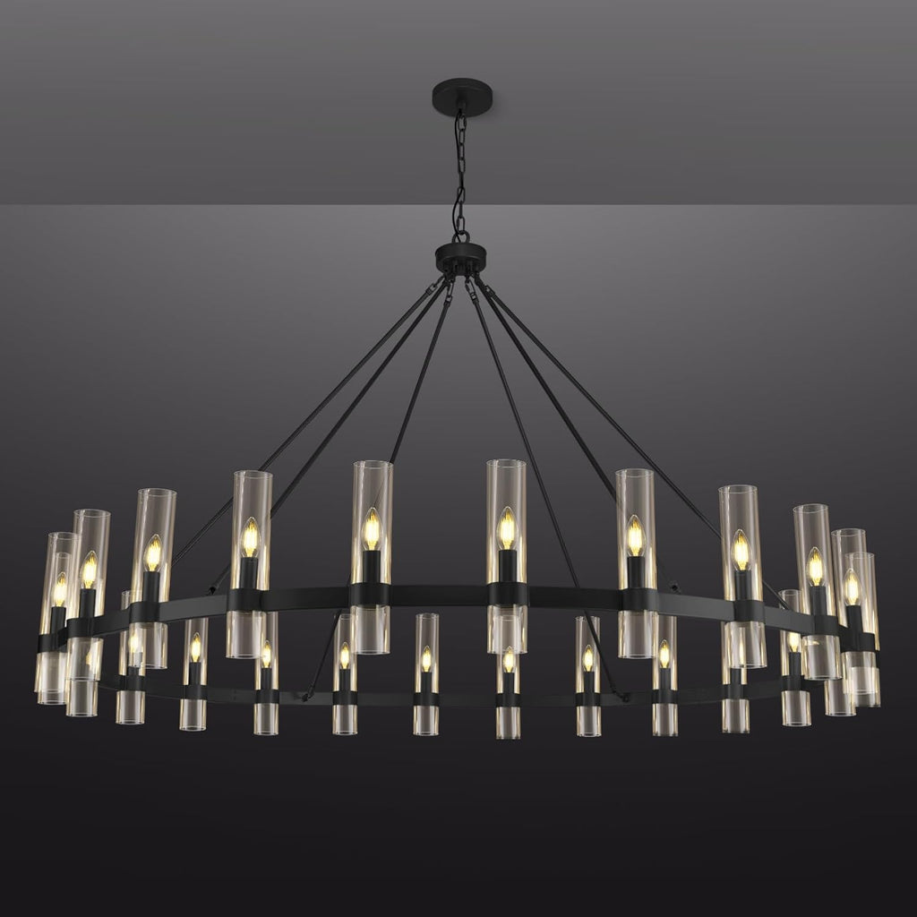 Inspired Ravelle Style Black Wagon Wheel Chandelier, 70 Inch Glass Chandeliers, 24 Light Chandelier for High Ceiling, Modern Farmhouse Chandeliers for Living Room, Dining Room, Entryway, Stairwell (Bulbs Included)