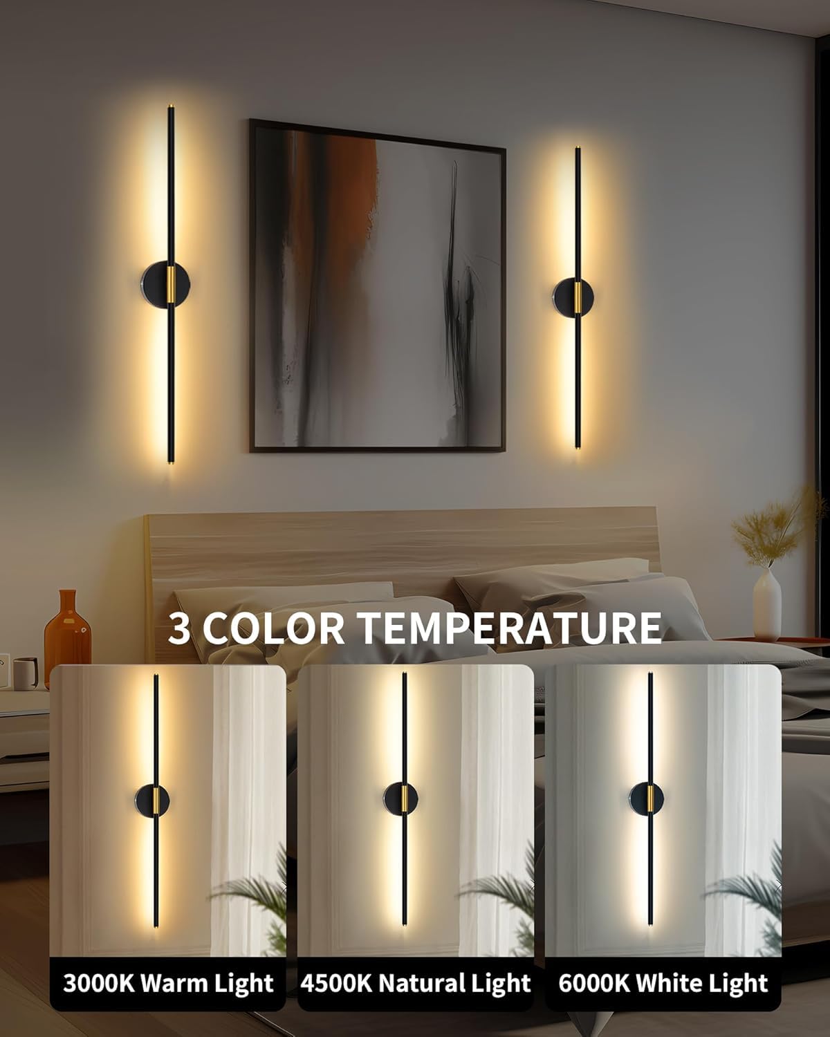 24" Battery Operated Wall Sconce Set of 2, 350° Rotating Lamp, Black Gold