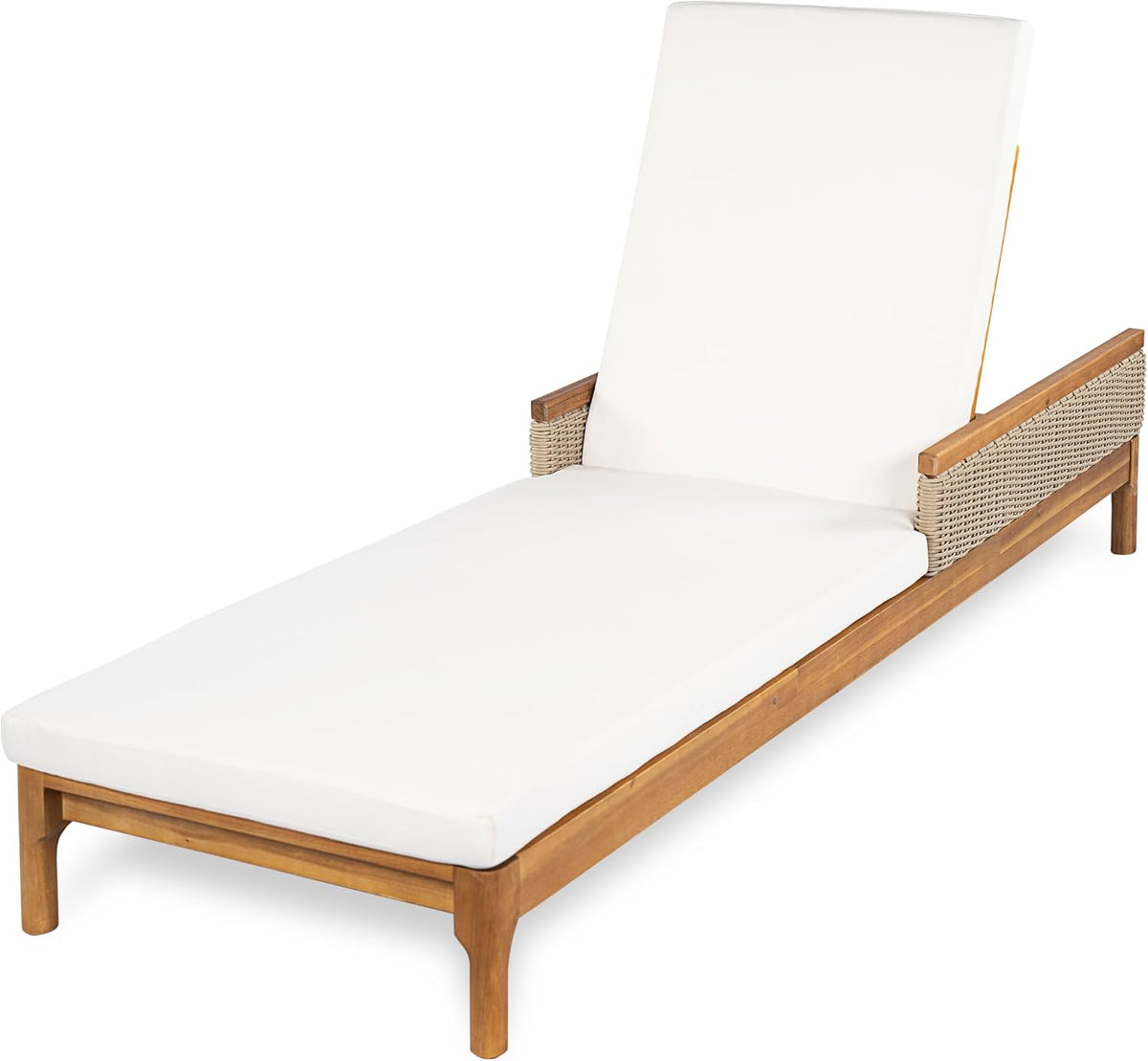 Outdoor Acacia Wood Chaise Lounge Chair Set of 2, Wooden Sunbathing Pool Lounger with Woven Rattan Accents