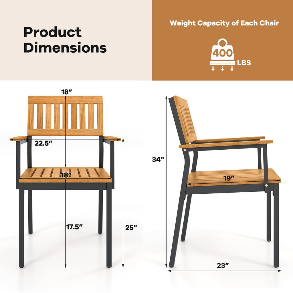 Patio Dining Chair Set of 2, Outdoor Acacia Wood Chairs with Metal Frame, All-Weather Bistro Chairs, for Indoor Lawn