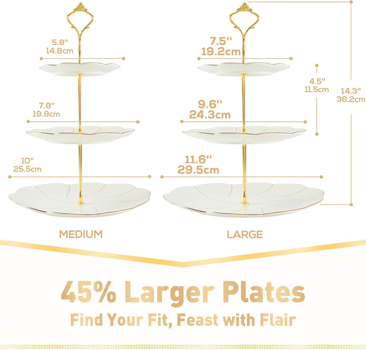 Luxury Larger 3-Tier Cupcake Stand Tower, British Style Porcelain Serving Tray with Golden Trim, Food Grade Dessert - Set of 3